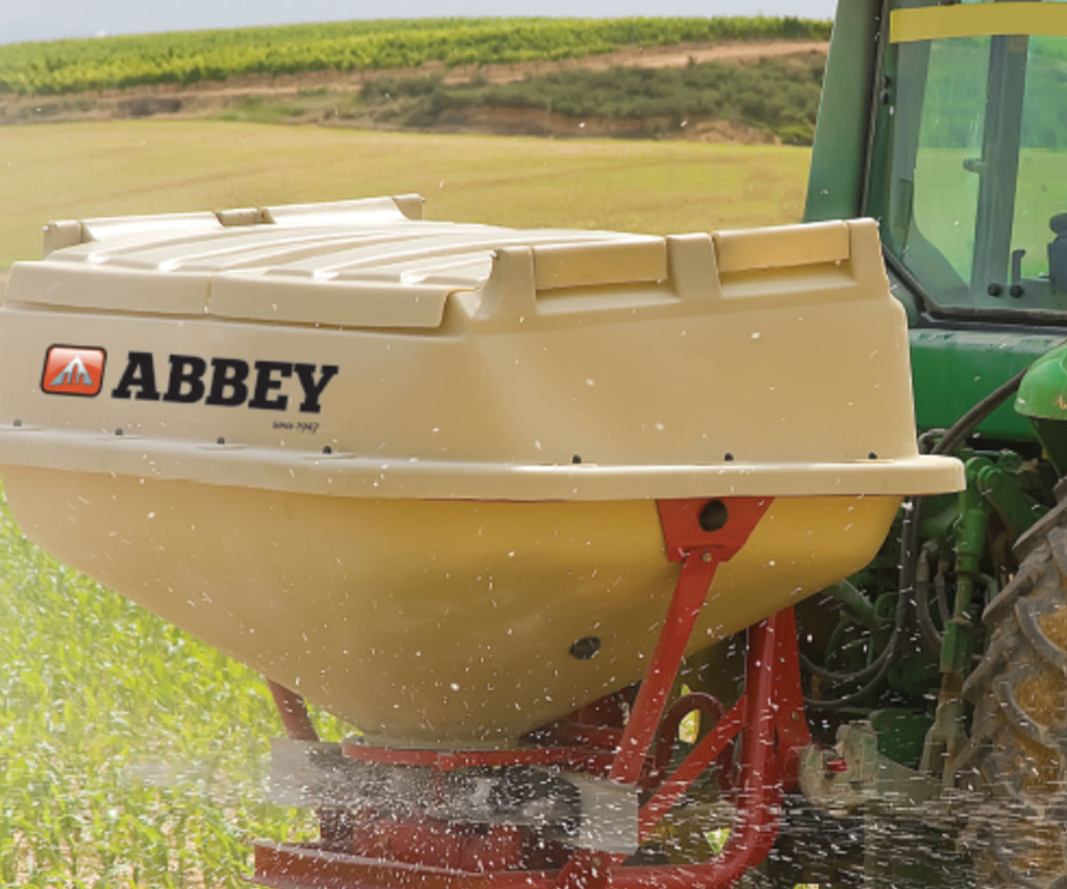 Abbey Machinery Twin Disc Fertiliser Spreader in action spreading