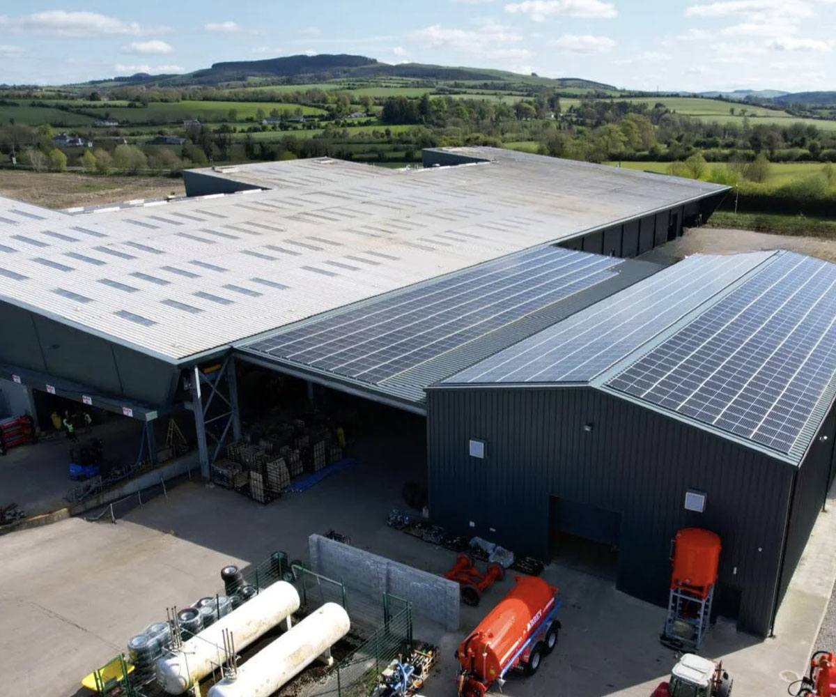 Aerial view of Abbey Machinery factory roof with solar panels