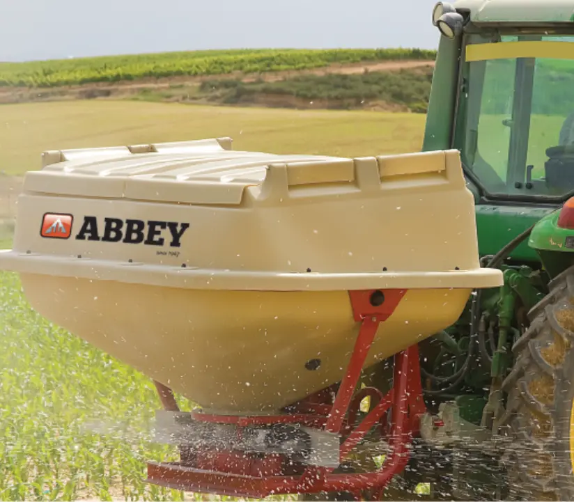 Abbey Machinery Twin Disc Fertiliser Spreader in action spreading