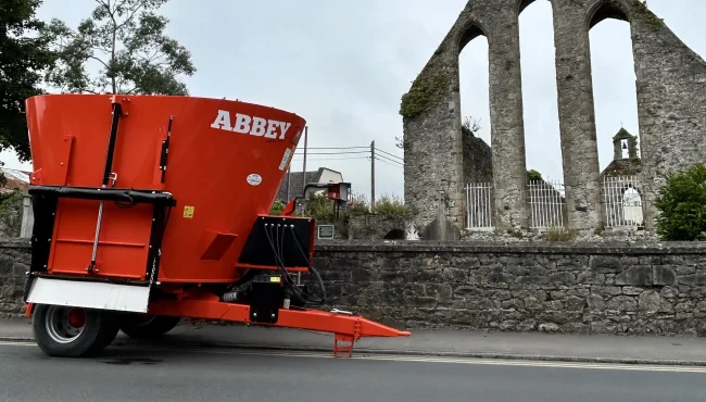 Abbey Machinery Single Auger Vertical Feeder outside Nenagh Abbey